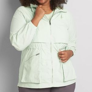 CRINKLE CINCHED-WAIST JACKET WITH CONVERTIBLE HOOD